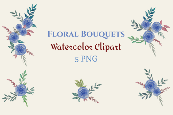 Watercolor Blue Floral Bouquets for Creative Projects