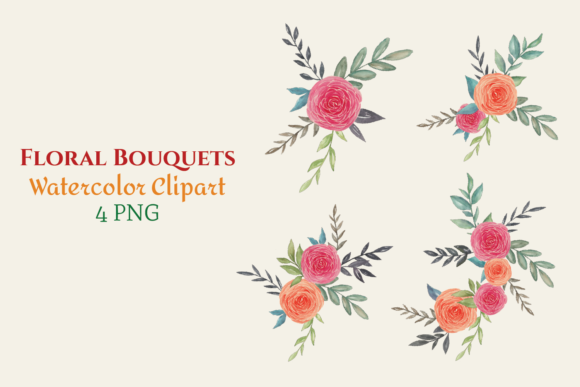 Watercolor Floral Bouquets in Red and Orange
